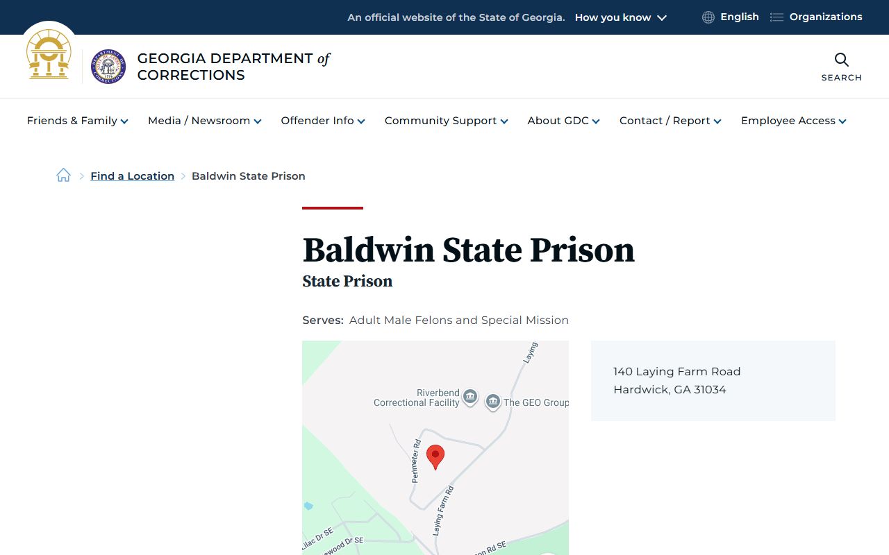 GDC Baldwin State Prison page with address, capacity, visitation, housing, and programs