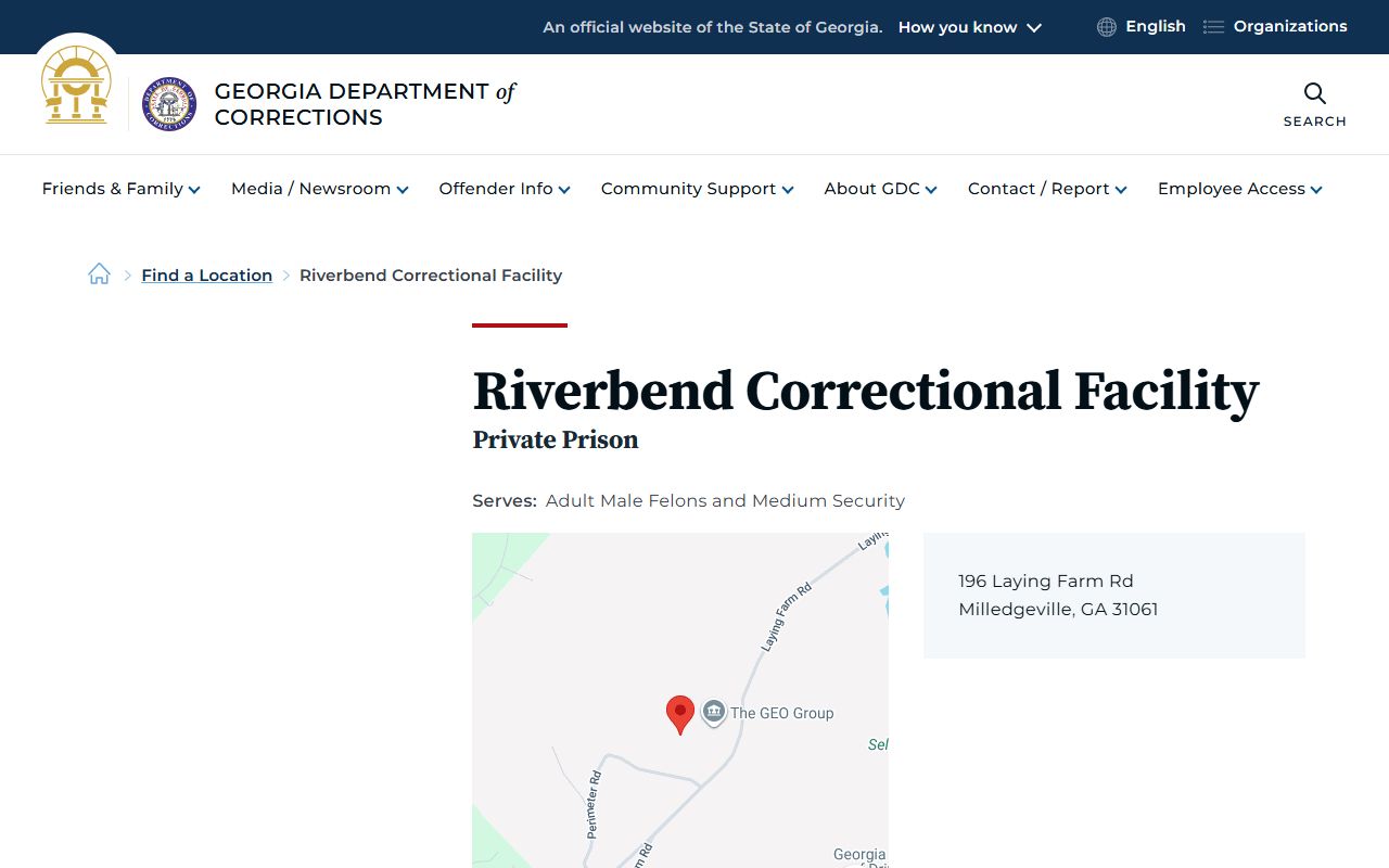 GDC Riverbend Correctional Facility page with address, capacity, housing, and programs